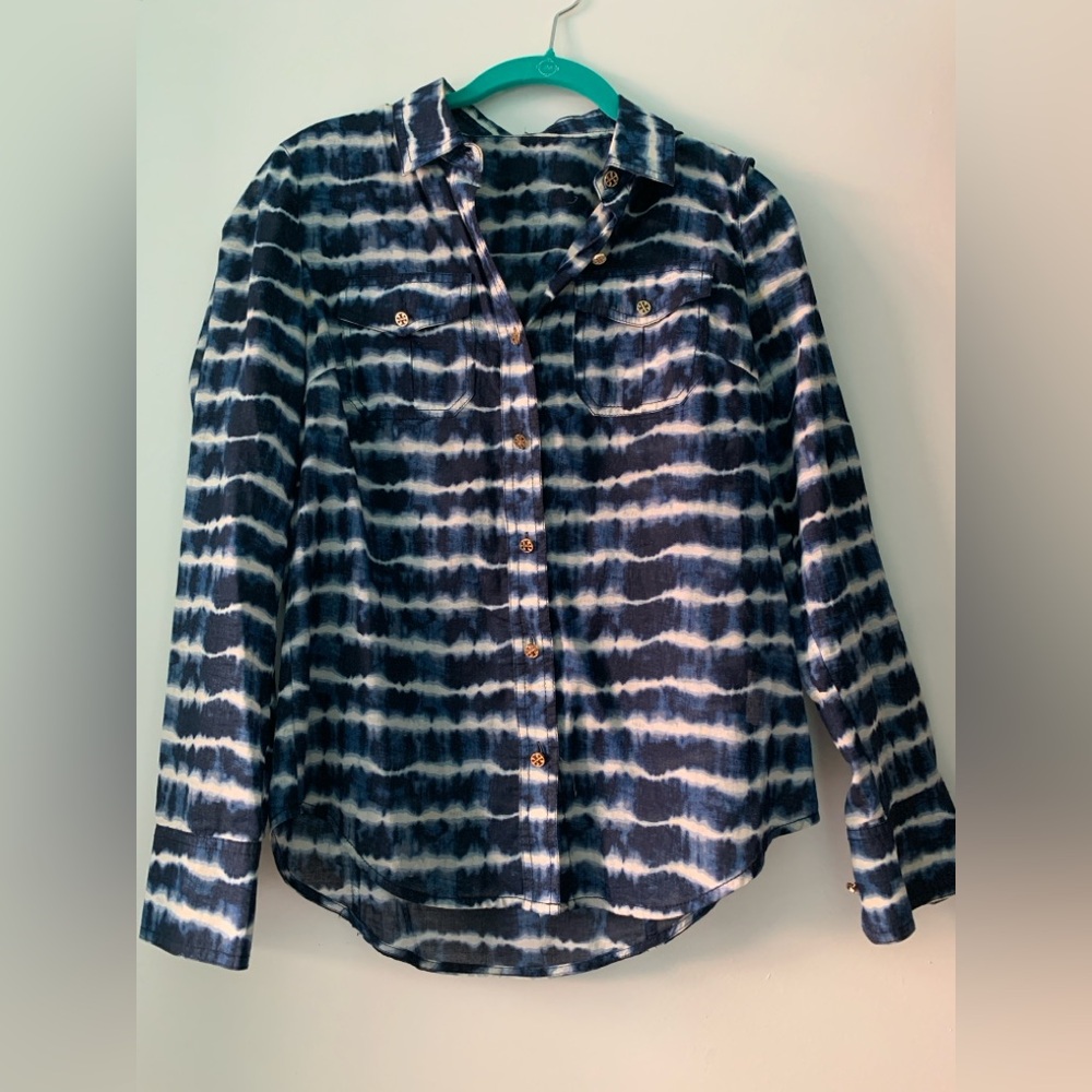 Tory Burch Blue and White Derrick Tie Dye Button Down